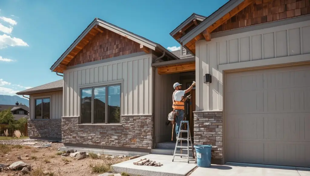 Professional house painter working on the exterior of a modern Boulder, Colorado home with mountain views, showcasing expert craftsmanship and attention to detail.