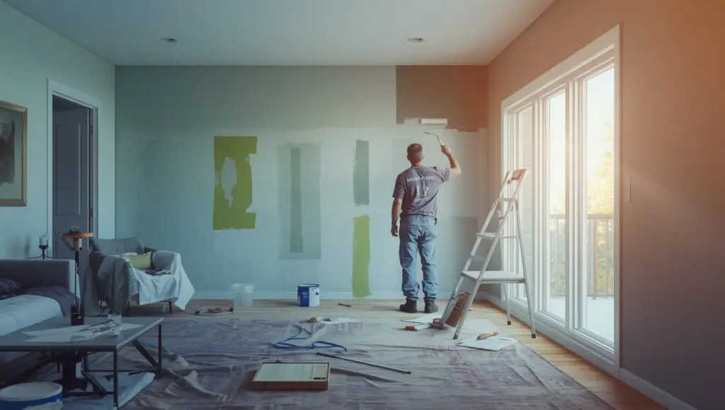 Professional painter applying paint to an interior wall in a well-prepared Colorado home, showing clean edges and organized workspace